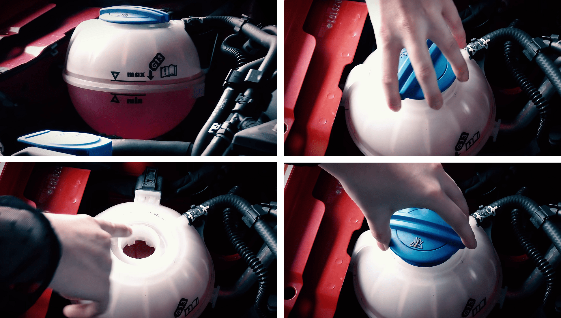 A consolidated guide within a single image, featuring four sequentially arranged images (1, 2, 3, 4). The visual instructions provide a step-by-step demonstration on how to check the engine coolant level for proper maintenance and cooling system functionality.