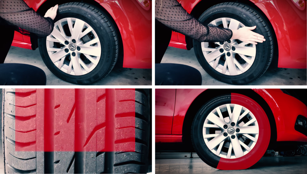 A step-by-step visual guide with four images, each reduced by 50% in scale and arranged in sequence (1, 2, 3, 4), demonstrating how to inspect tires for sufficient tread depth and ensure they are in a safe condition. White borders separate each image for clarity.