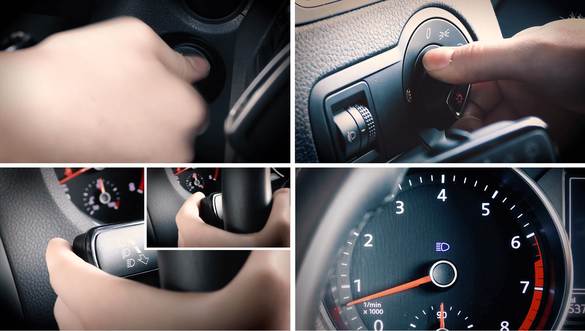 A consolidated guide within a single image, featuring four sequentially arranged images (1, 2, 3, 4) with white borders. The visual instructions provide a step-by-step demonstration on how to transition headlights from dipped to main beam and utilize the dashboard indicators to confirm their status for optimal visibility.